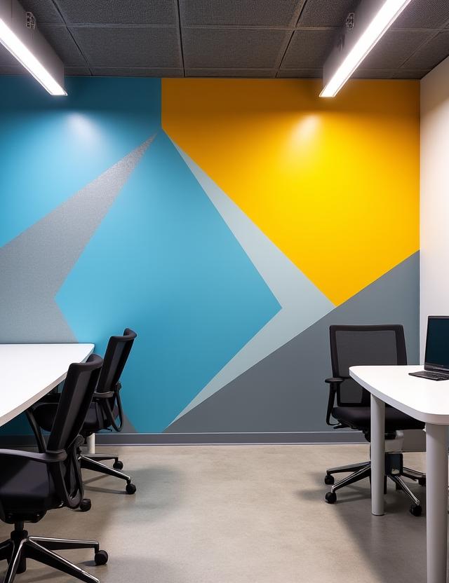Modern commercial office with a vibrant geometric accent wall.