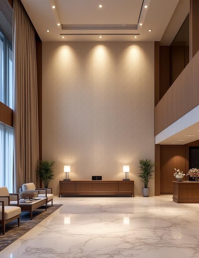 A luxury hotel lobby with a sophisticated textured wallpaper.