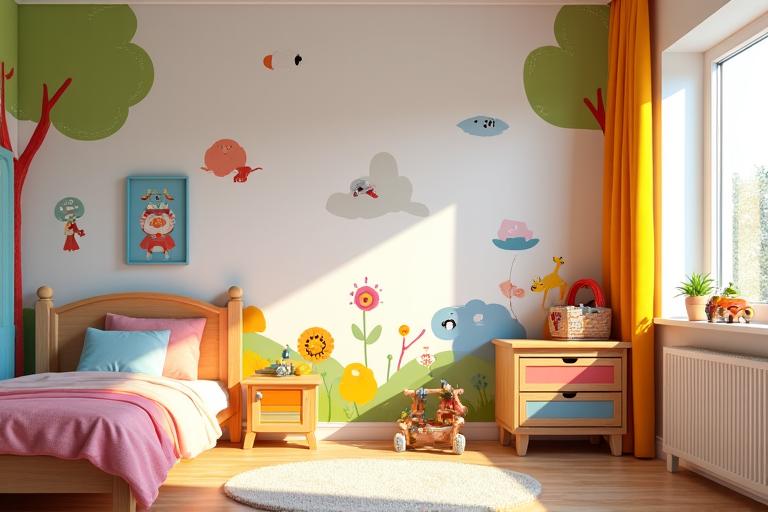 A whimsical children's room with an animal-themed wallpaper.