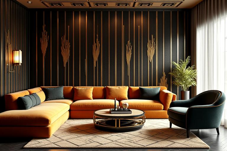 Art-deco inspired living room with a gold and black wallpaper design.