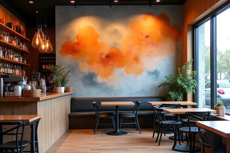 A cozy cafe with a large, abstract painted mural.