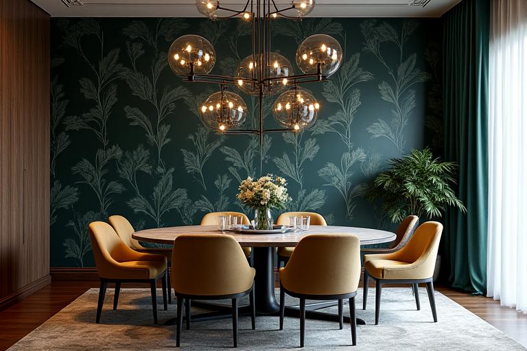 Elegant dining room with a dark botanical wallpaper.
