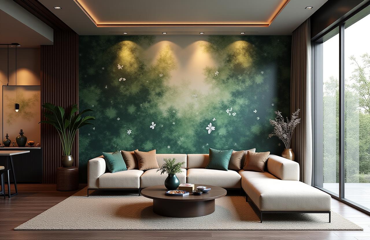 A luxurious living room featuring a stunning, custom botanical feature wall by Umbra Walls.