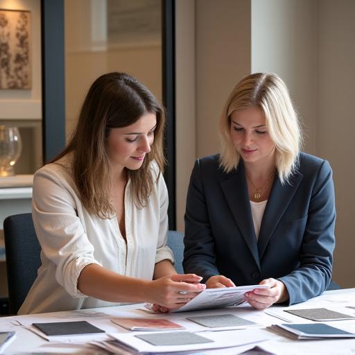 An interior designer discussing wallpaper swatches with a client.