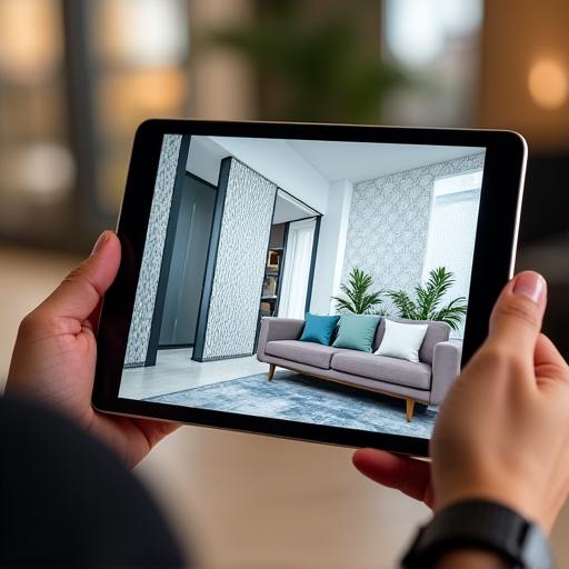 A tablet showing a digital mockup of a wallpaper design in a room.