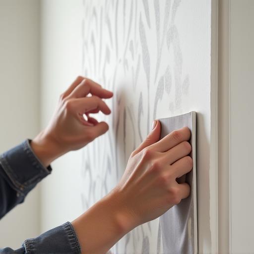 An installer carefully smoothing out a newly applied custom wallpaper.
