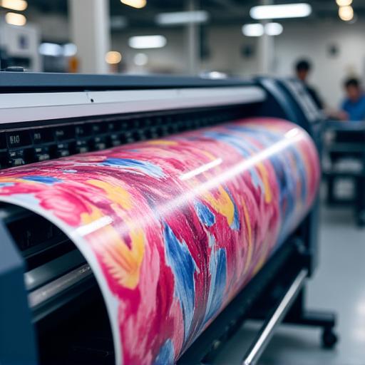 A large-format printer producing a high-quality, colourful wallpaper.