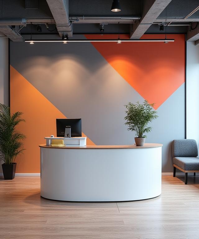 A modern office reception area featuring a bold, geometric branded wall.